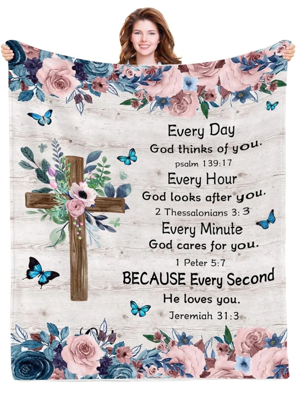 Floral Cross Inspirational Throw Blanket - Pink & Blue
